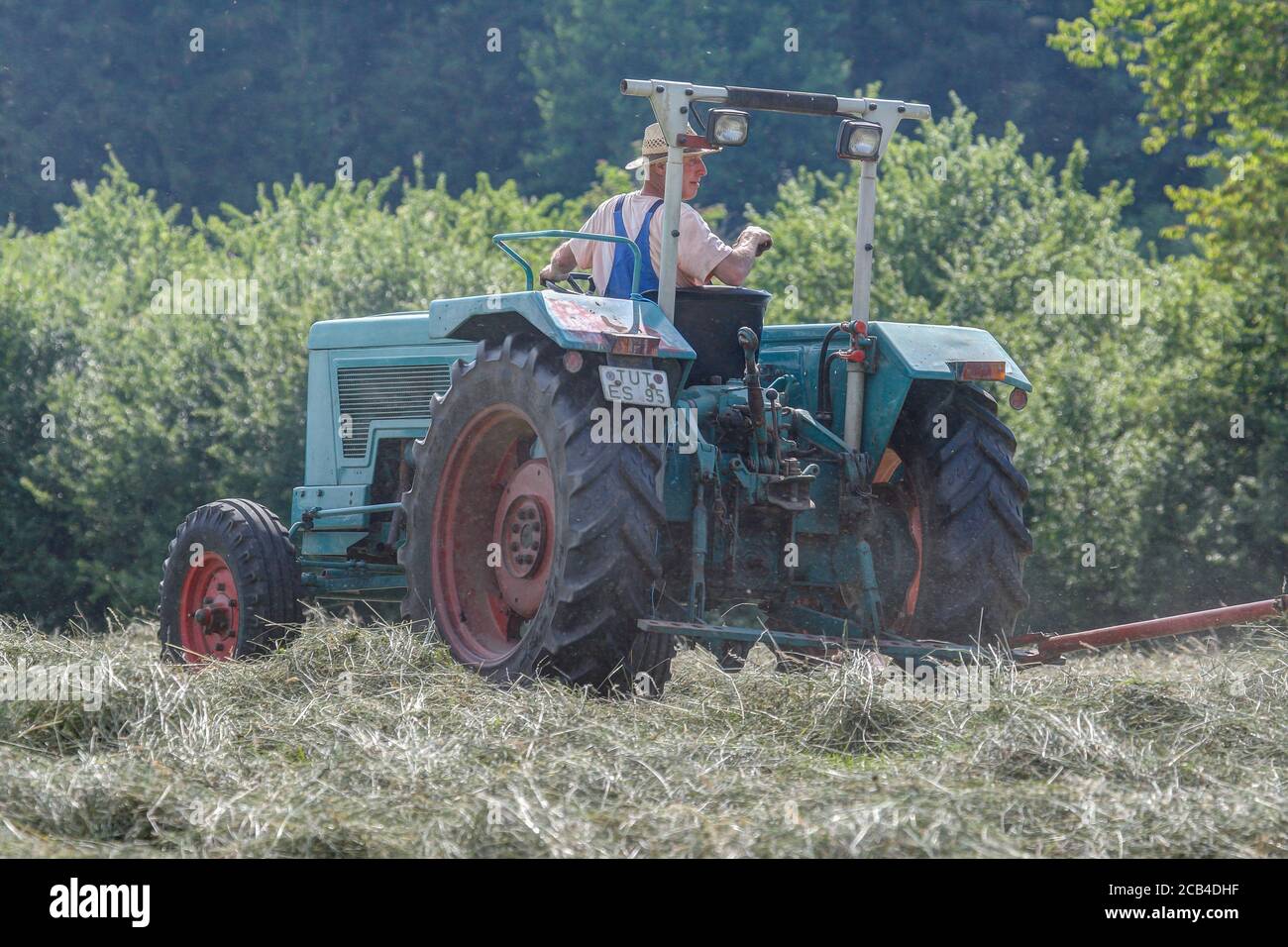 Trossingen, Deutschland, 06/23/2020 Biobauer mit seinem alten Traktor, der sein duftendes Bio-Heu erntet. Stockfoto