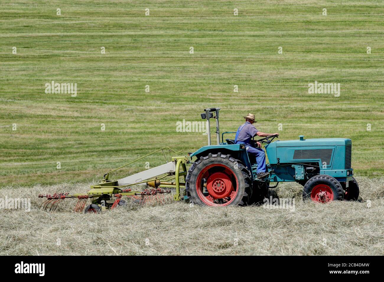 Trossingen, 25. Juni 2020. Bio-Bauer mit seinem alten Traktor und einem Claas WS 330 S Konturenrechen Stockfoto