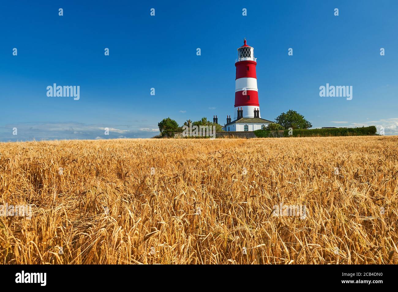 Happisburgh, Norfolk, rot und weiß gestreifter Leuchtturm vor einem blauen Himmel Stockfoto