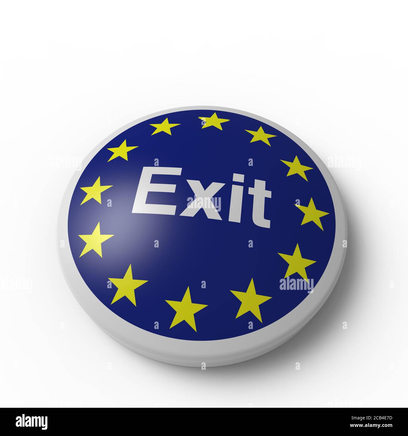 Schaltfläche mit einer Euro-Flagge und Exit-Text auf weißem Hintergrund, um die Taste oder das Abzeichen zu repräsentieren, um den Austrittsprozess eines Landes aus Europa zu starten Stockfoto