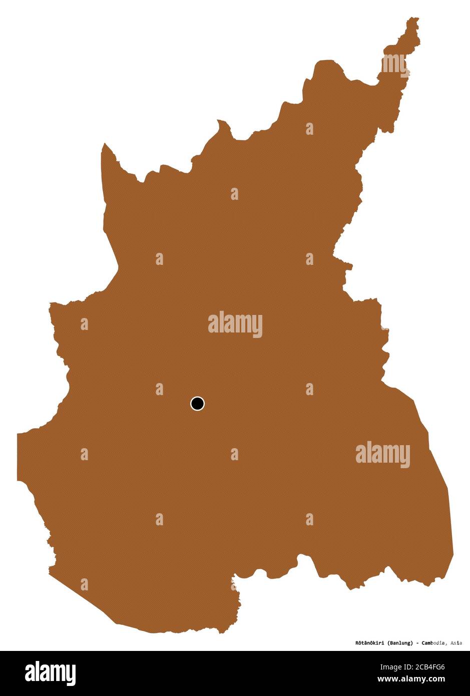 Form von Rôtânôkiri, Provinz Kambodscha, mit seiner Hauptstadt isoliert auf weißem Hintergrund. Komposition von gemusterten Texturen. 3D-Rendering Stockfoto