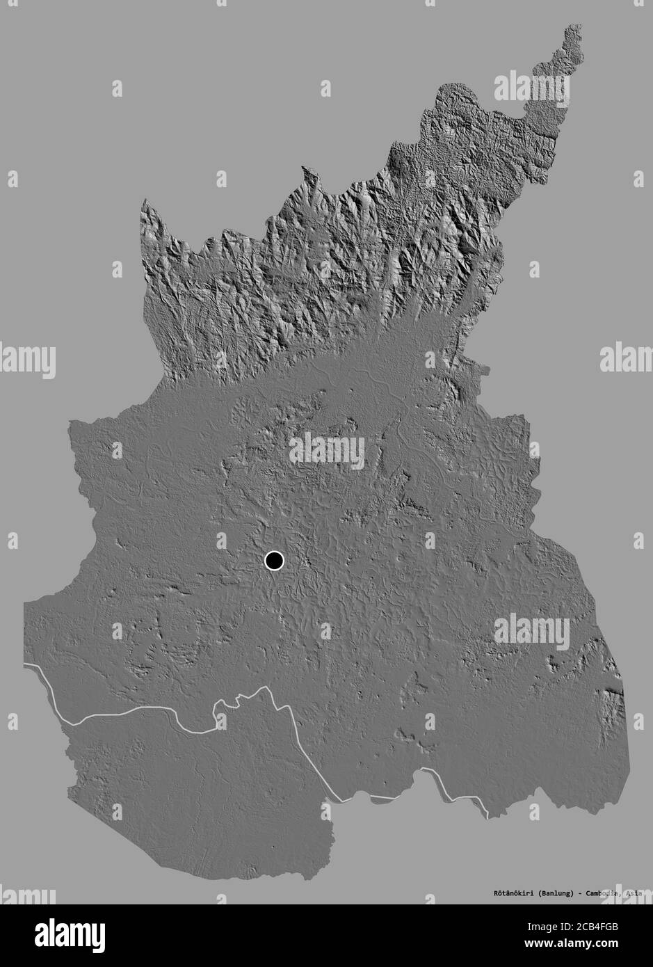 Form von Rôtânôkiri, Provinz Kambodscha, mit seiner Hauptstadt isoliert auf einem einfarbigen Hintergrund. Höhenkarte mit zwei Ebenen. 3D-Rendering Stockfoto