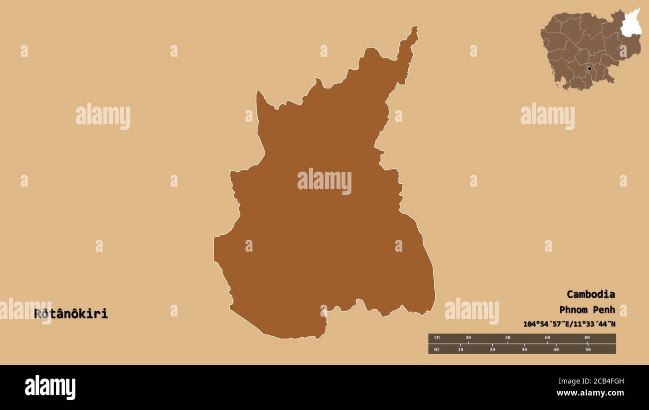 Form von Rôtânôkiri, Provinz Kambodscha, mit seiner Hauptstadt isoliert auf festem Hintergrund. Entfernungsskala, Regionenvorschau und Beschriftungen. Zusammensetzung des pa Stockfoto