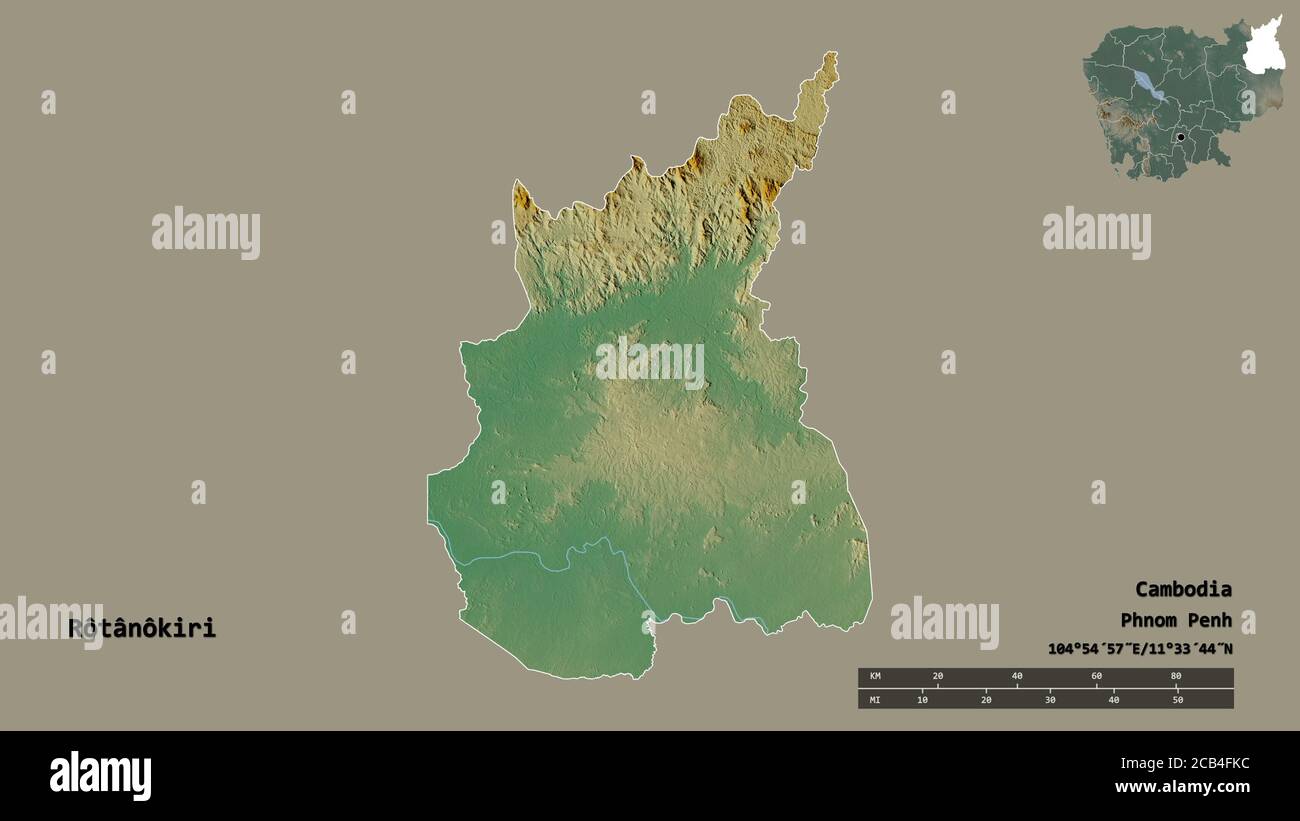 Form von Rôtânôkiri, Provinz Kambodscha, mit seiner Hauptstadt isoliert auf festem Hintergrund. Entfernungsskala, Regionenvorschau und Beschriftungen. Topografisches Relie Stockfoto