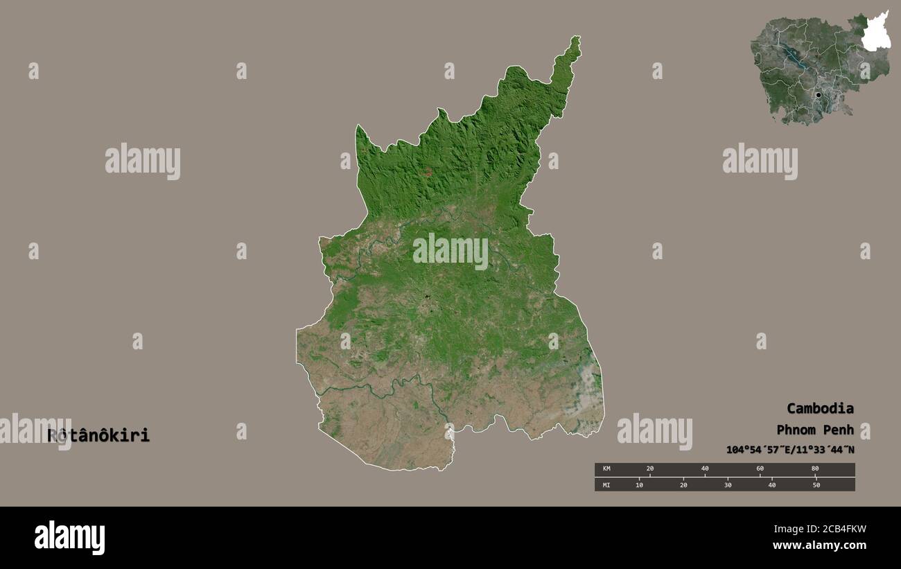 Form von Rôtânôkiri, Provinz Kambodscha, mit seiner Hauptstadt isoliert auf festem Hintergrund. Entfernungsskala, Regionenvorschau und Beschriftungen. Satellitenbilder Stockfoto