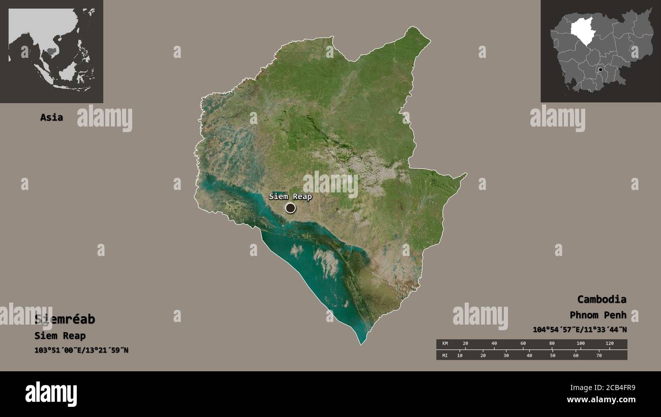 Form von Siemréab, Provinz Kambodscha, und seine Hauptstadt. Entfernungsskala, Vorschauen und Beschriftungen. Satellitenbilder. 3D-Rendering Stockfoto