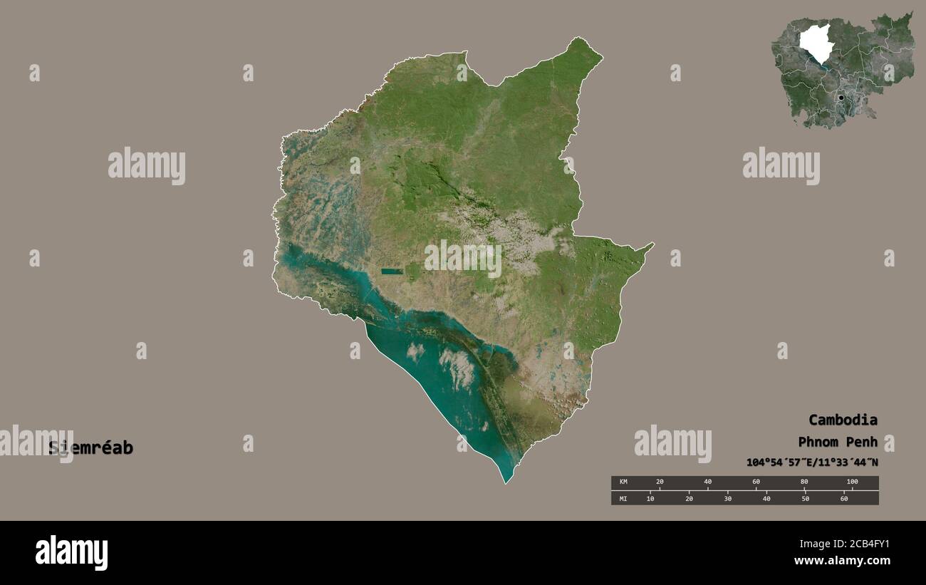 Form von Siemréab, Provinz Kambodscha, mit seiner Hauptstadt isoliert auf festem Hintergrund. Entfernungsskala, Regionenvorschau und Beschriftungen. Satellitenbilder. Stockfoto