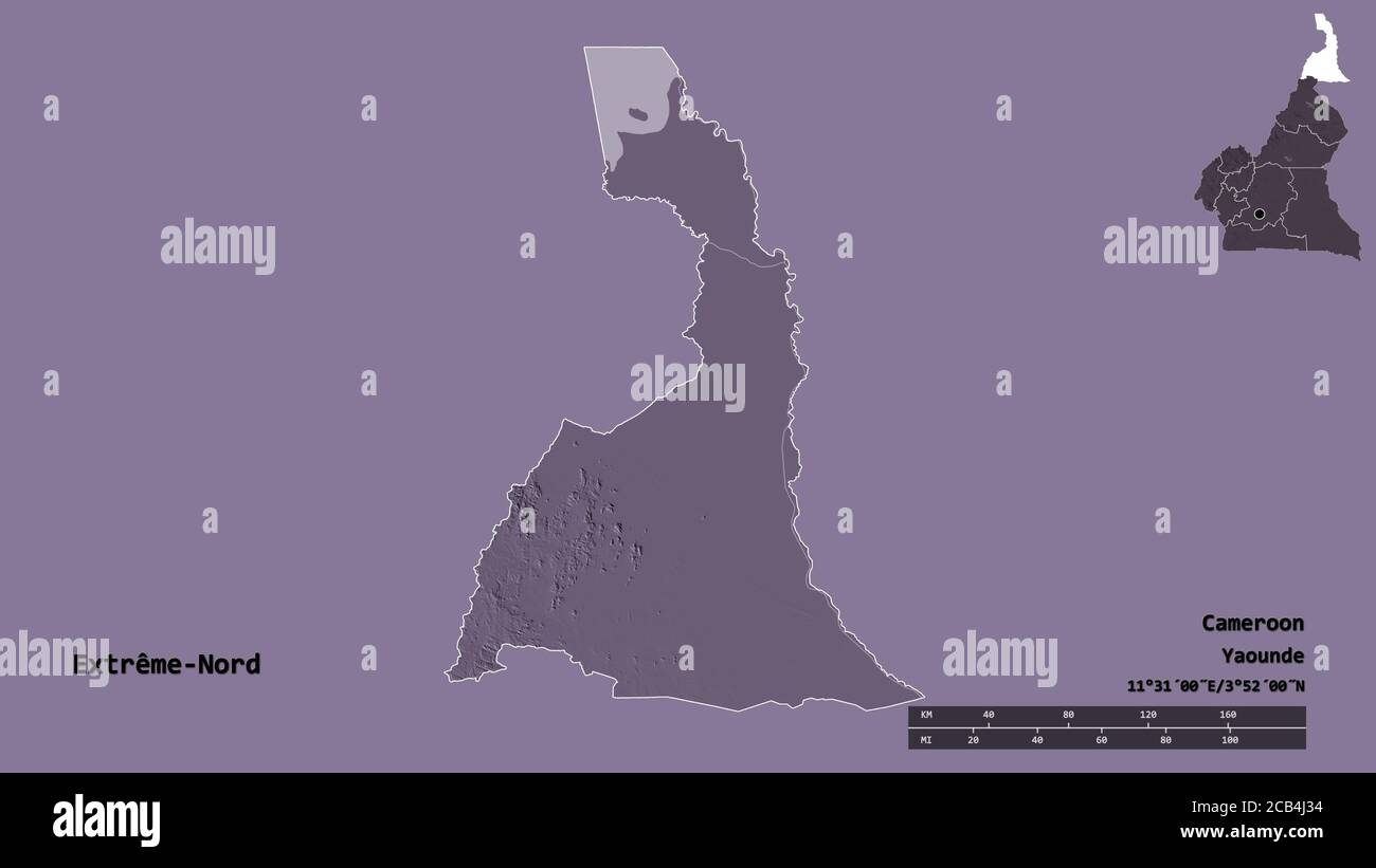 Form von Extrême-Nord, Region Kamerun, mit seiner Hauptstadt auf festem Hintergrund isoliert. Entfernungsskala, Regionenvorschau und Beschriftungen. Farbige Höhe Stockfoto