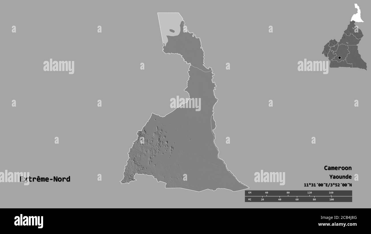 Form von Extrême-Nord, Region Kamerun, mit seiner Hauptstadt auf festem Hintergrund isoliert. Entfernungsskala, Regionenvorschau und Beschriftungen. Höhe der Bilevel Stockfoto