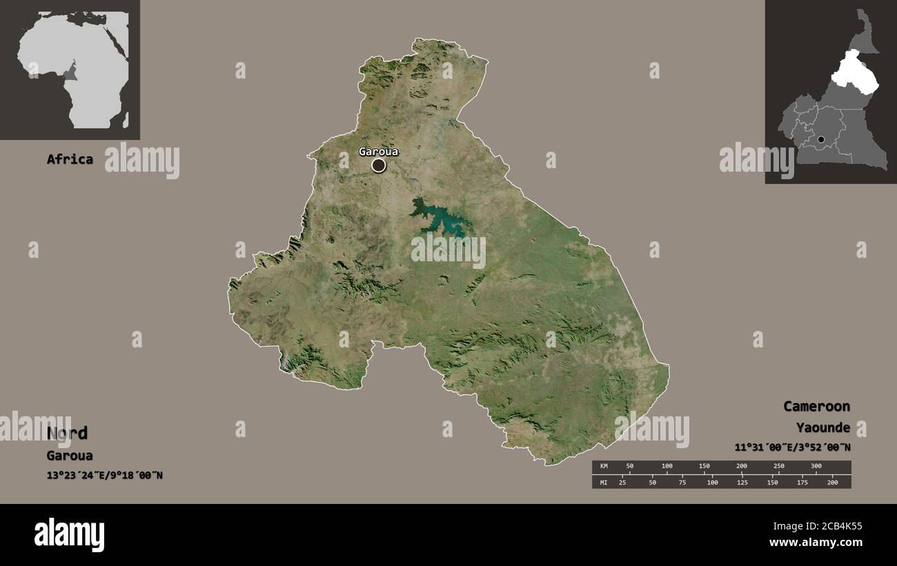 Form von Nord, Region Kamerun, und seine Hauptstadt. Entfernungsskala, Vorschauen und Beschriftungen. Satellitenbilder. 3D-Rendering Stockfoto