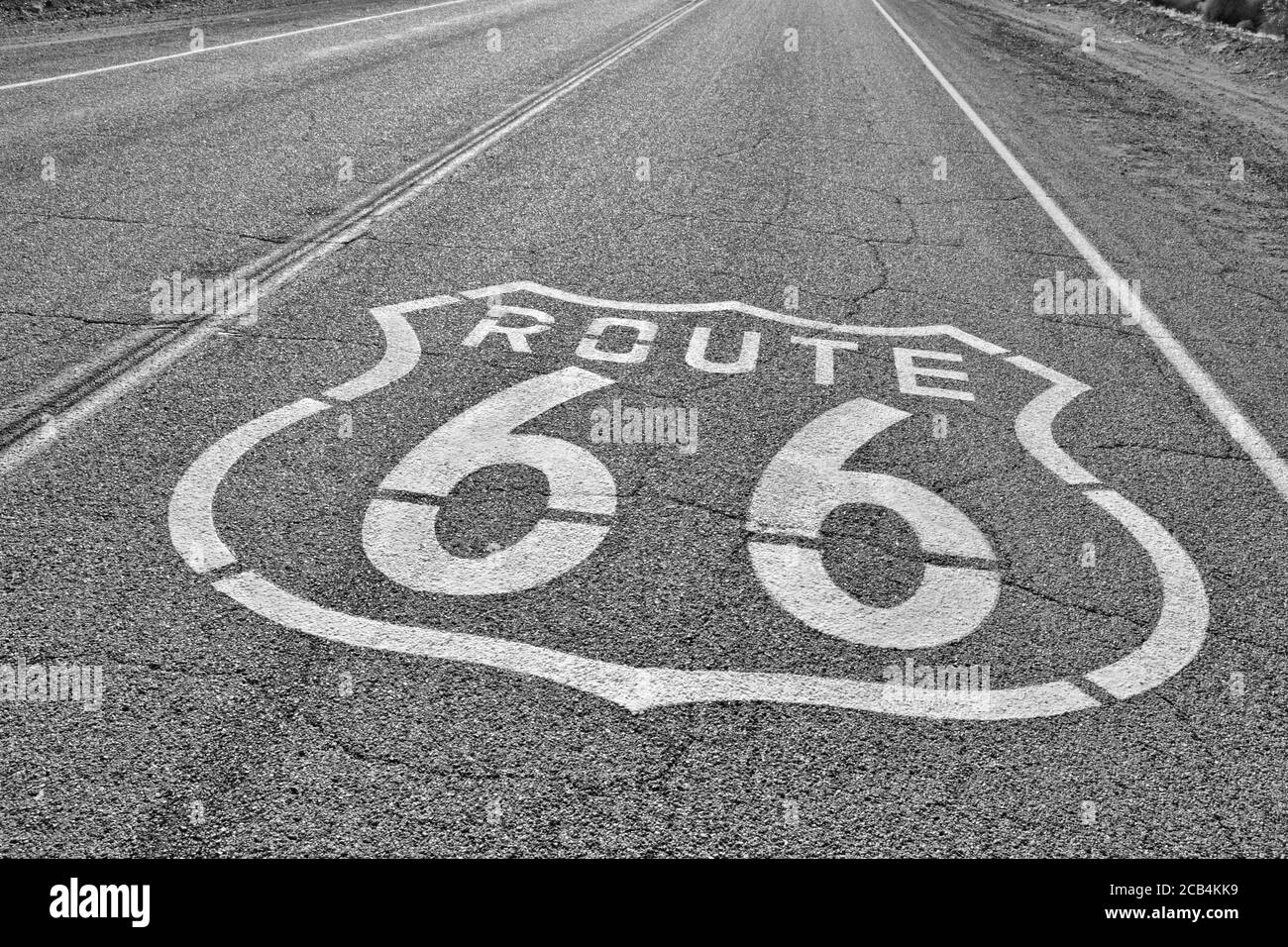 Route 66, beschildertes Schild auf der Straße. USA Road Trip Stockfoto