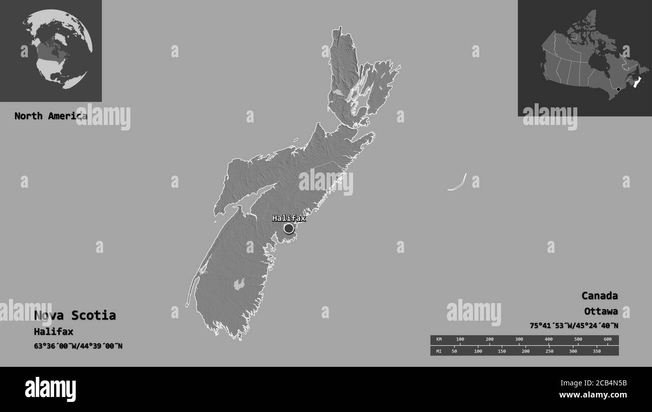 Form von Nova Scotia, Provinz Kanada, und seine Hauptstadt. Entfernungsskala, Vorschauen und Beschriftungen. Höhenkarte mit zwei Ebenen. 3D-Rendering Stockfoto