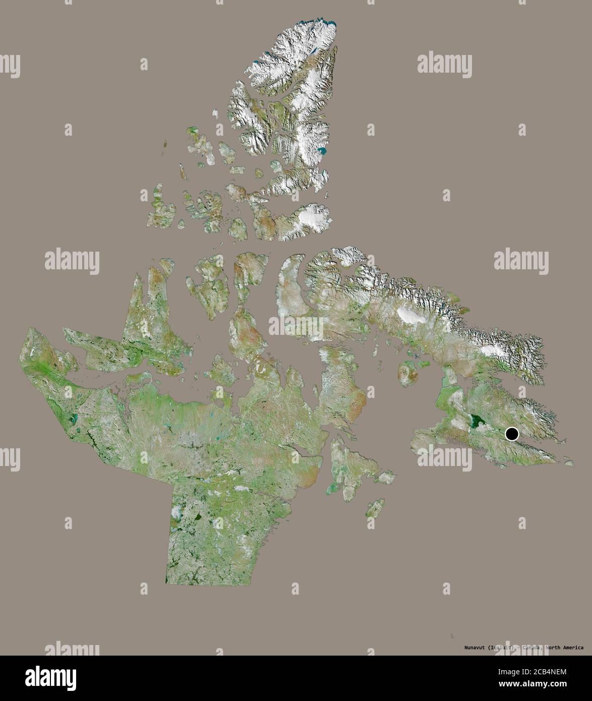 Form von Nunavut, Gebiet von Kanada, mit seiner Hauptstadt isoliert auf einem einfarbigen Hintergrund. Satellitenbilder. 3D-Rendering Stockfoto