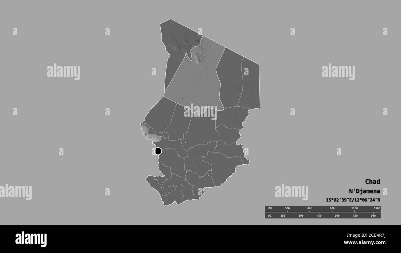 Entsättigte Form des Tschad mit seiner Hauptstadt, der wichtigsten regionalen Teilung und dem abgetrennten Borkou-Gebiet. Beschriftungen. Höhenkarte mit zwei Ebenen. 3D-Rendering Stockfoto