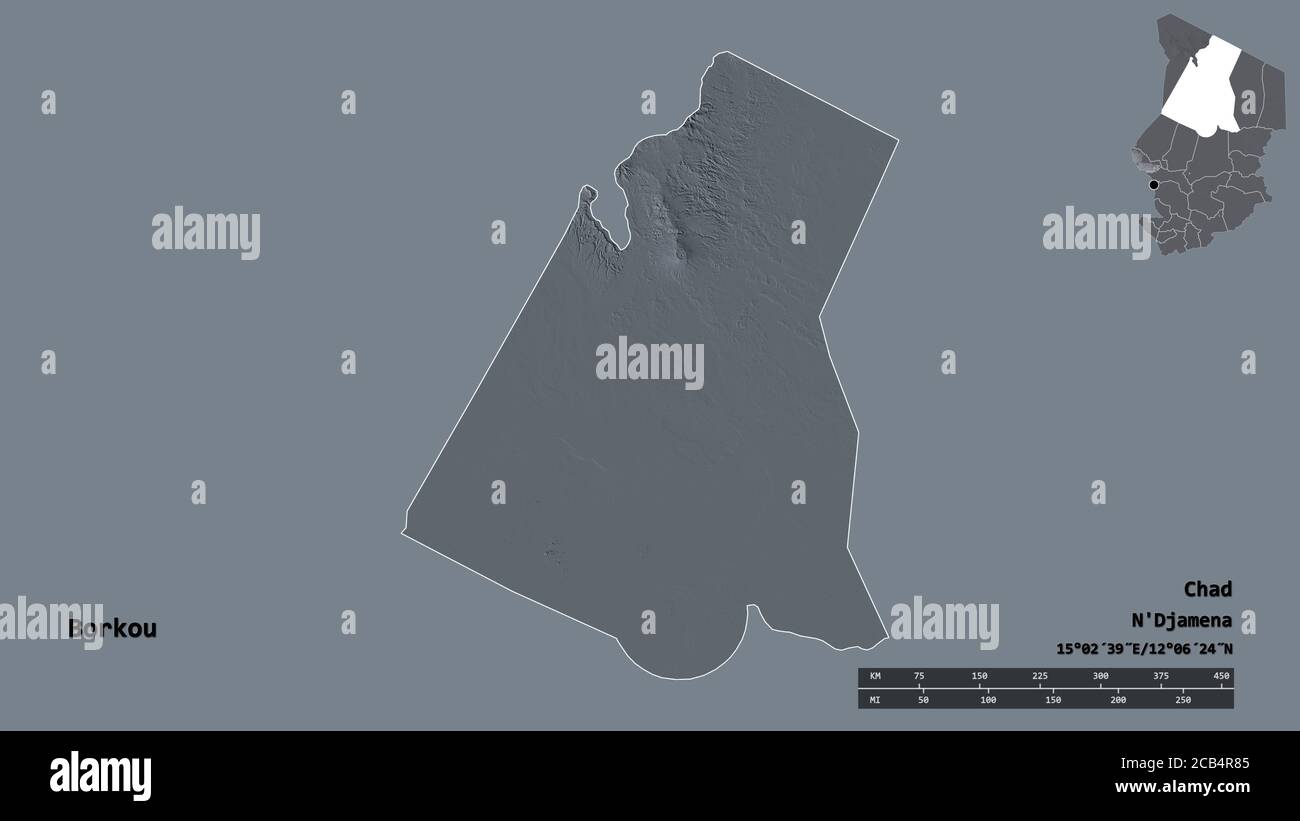 Form von Borkou, Region des Tschad, mit seiner Hauptstadt auf festem Hintergrund isoliert. Entfernungsskala, Regionenvorschau und Beschriftungen. Farbige Höhenkarte. 3D r Stockfoto