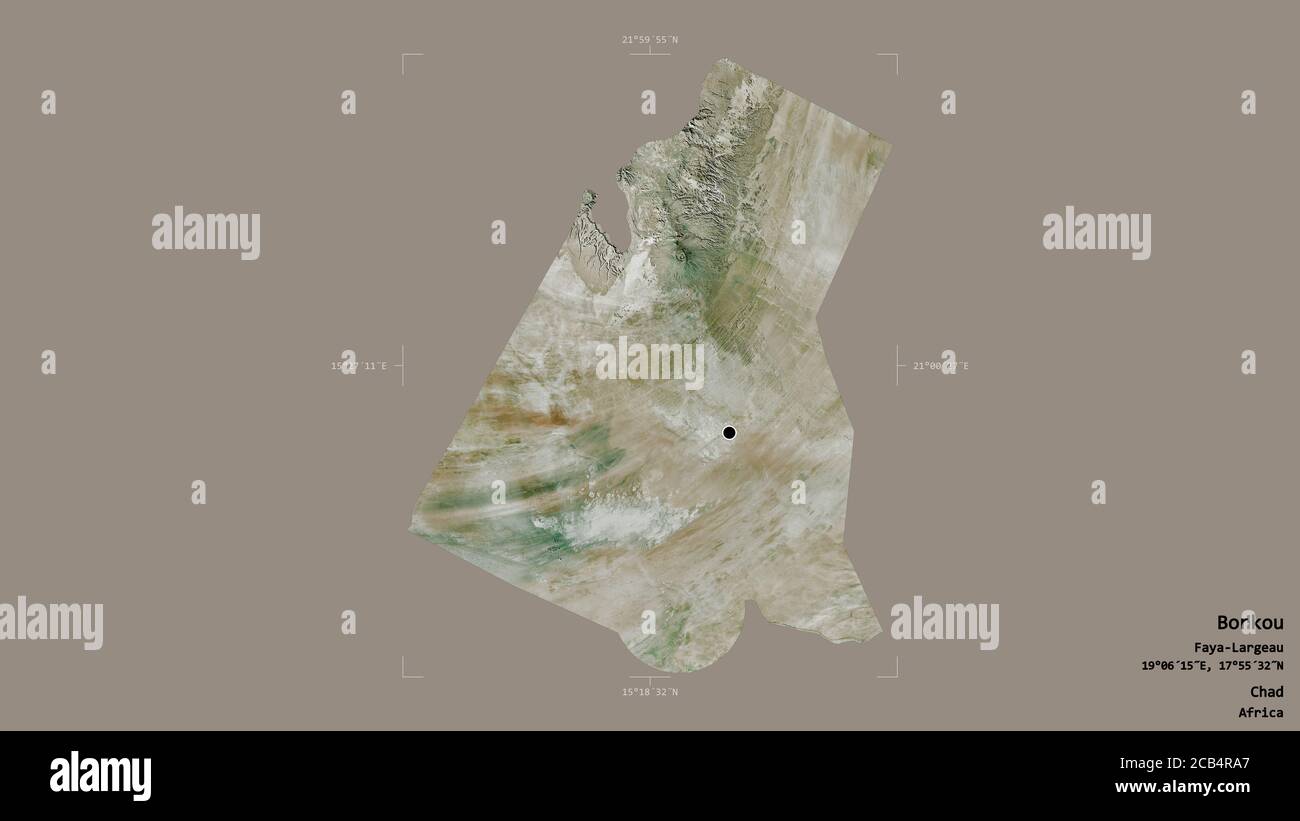 Gebiet von Borkou, Region des Tschad, isoliert auf einem soliden Hintergrund in einem georeferenzierten Begrenzungsrahmen. Beschriftungen. Satellitenbilder. 3D-Rendering Stockfoto