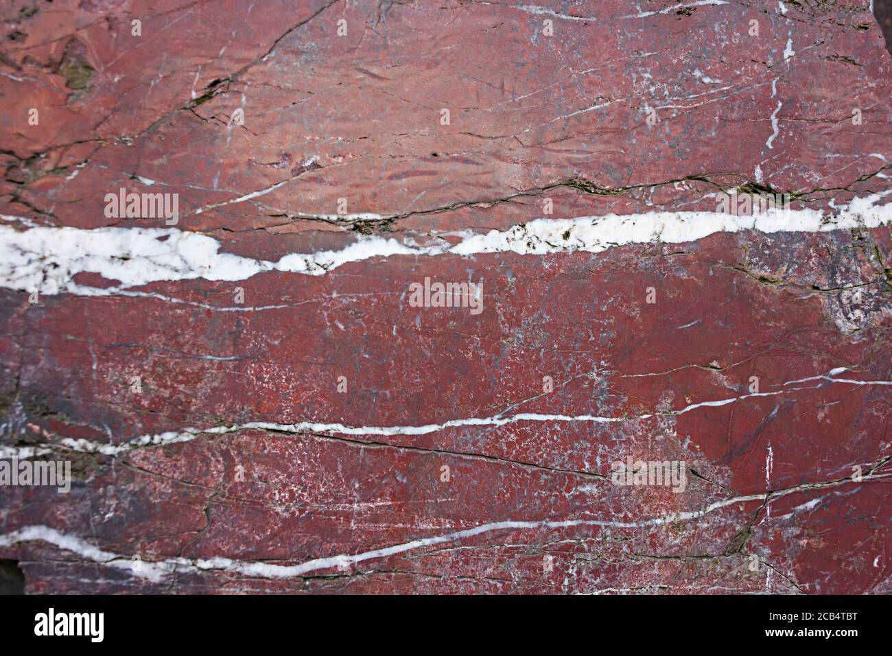 Textur aus natürlichem rotem Granit mit weißen Adern. Der mineralische Schnitt. Kann als Hintergrund verwendet werden. Stockfoto