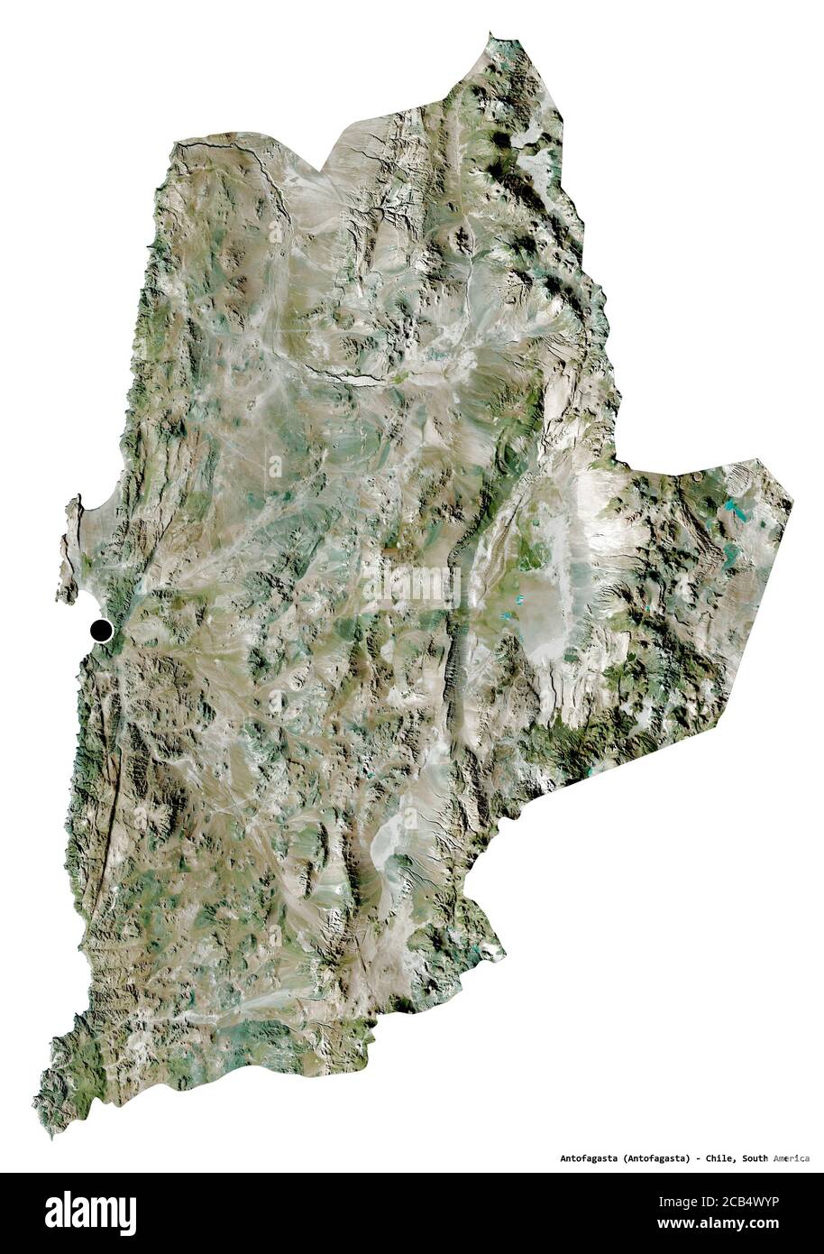 Form von Antofagasta, Region von Chile, mit seiner Hauptstadt isoliert auf weißem Hintergrund. Satellitenbilder. 3D-Rendering Stockfoto