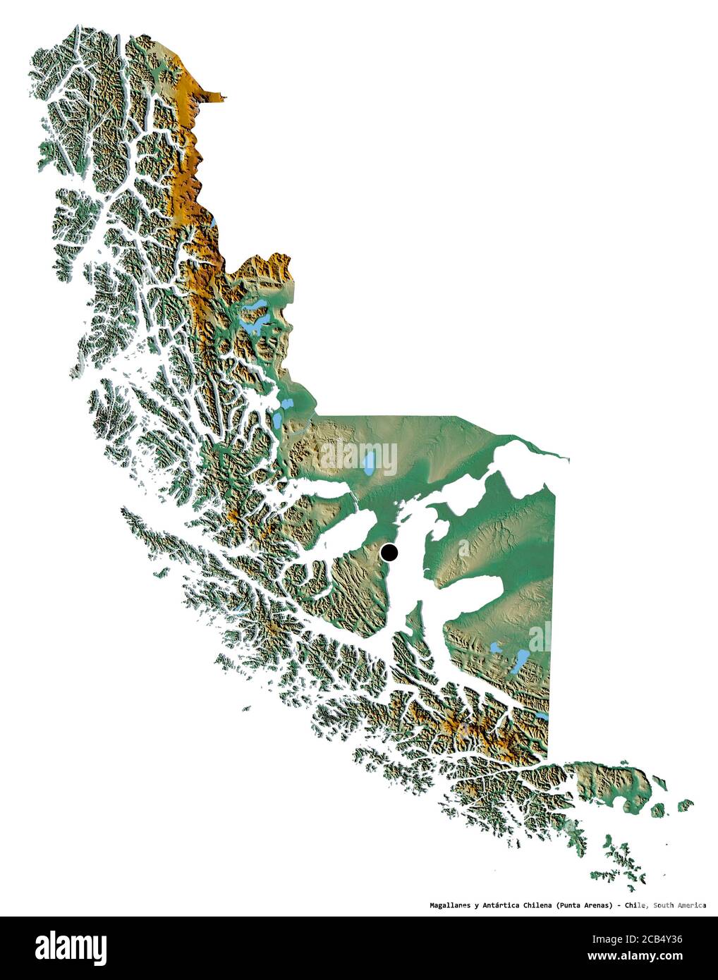 Form von Magallanes y Antártica Chilena, Region von Chile, mit seiner Hauptstadt isoliert auf weißem Hintergrund. Topografische Reliefkarte. 3D-Rendering Stockfoto