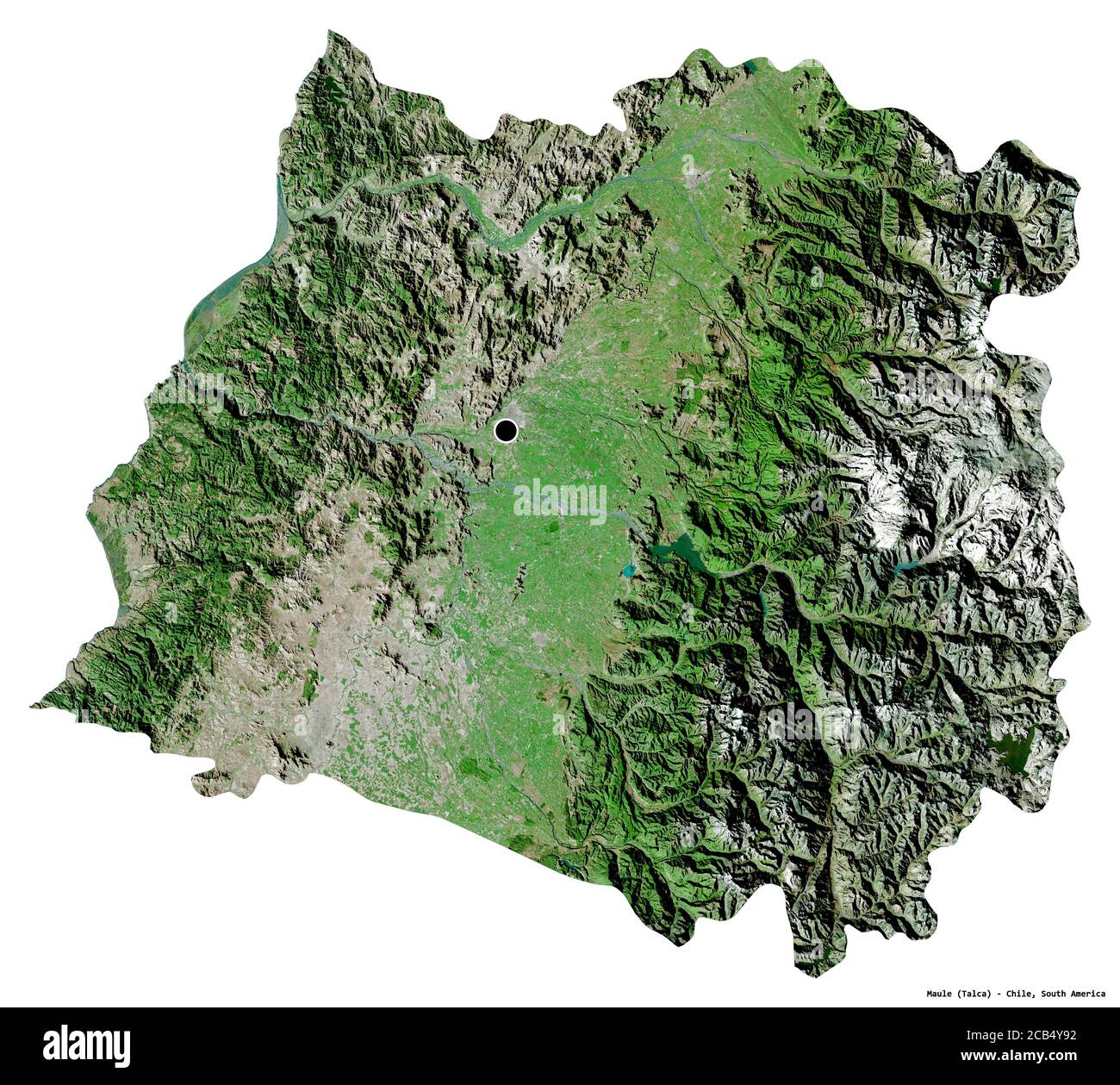 Form von Maule, Region von Chile, mit seiner Hauptstadt isoliert auf weißem Hintergrund. Satellitenbilder. 3D-Rendering Stockfoto