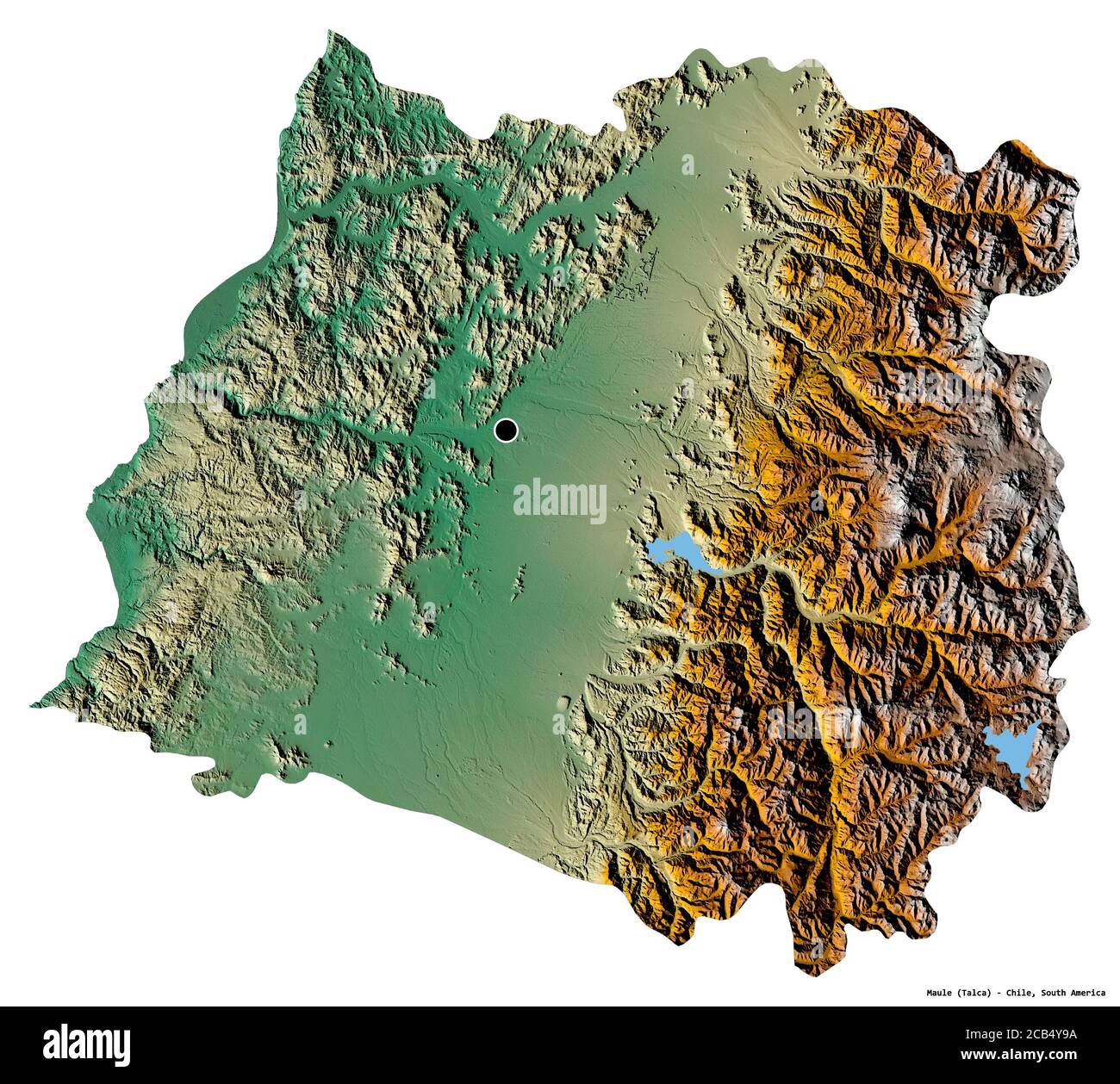 Form von Maule, Region von Chile, mit seiner Hauptstadt isoliert auf weißem Hintergrund. Topografische Reliefkarte. 3D-Rendering Stockfoto