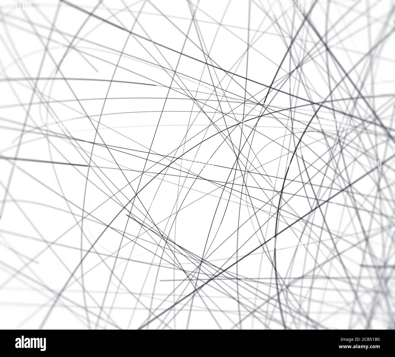 Zufällige chaotische Linien mit selektivem Fokus. Abstraktes Hintergrundmuster. Schwarze Linien und Kratzer. Grunge Artwork te Stockfoto