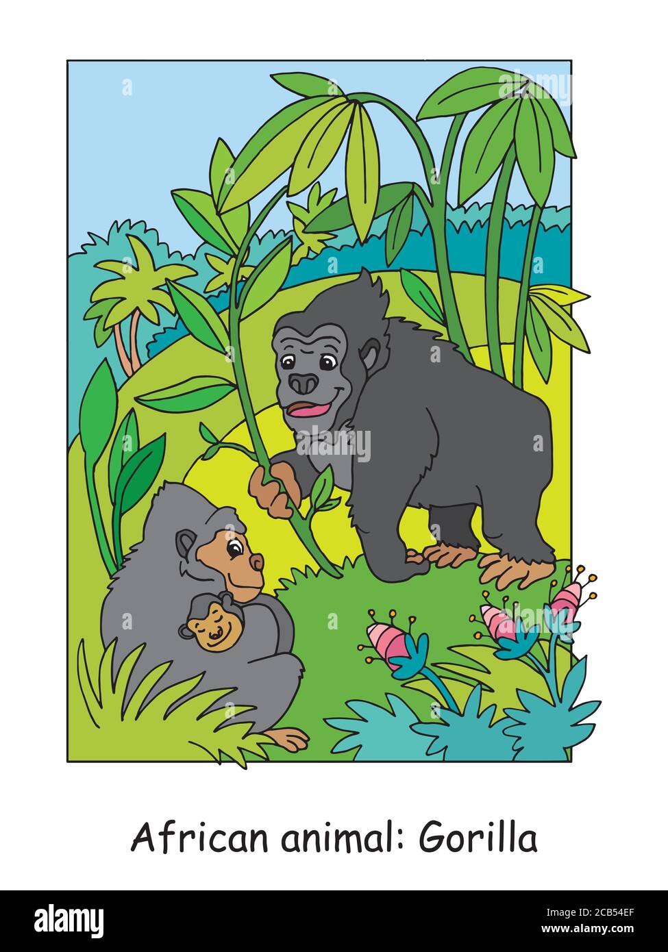 Vektor-Malvorlagen mit niedlichen Gorilla Familie in afrikanischen Bereich. Cartoon isoliert bunte Illustration. Stock Illustration für Design, Malbuch, Stock Vektor