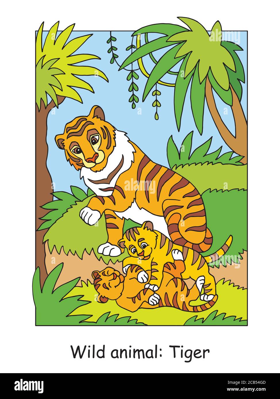 Vektor-Malvorlagen mit niedlichen Tiger Familie im Wald. Cartoon isoliert bunte Illustration. Stock Illustration für Design, Malbuch, Prescho Stock Vektor