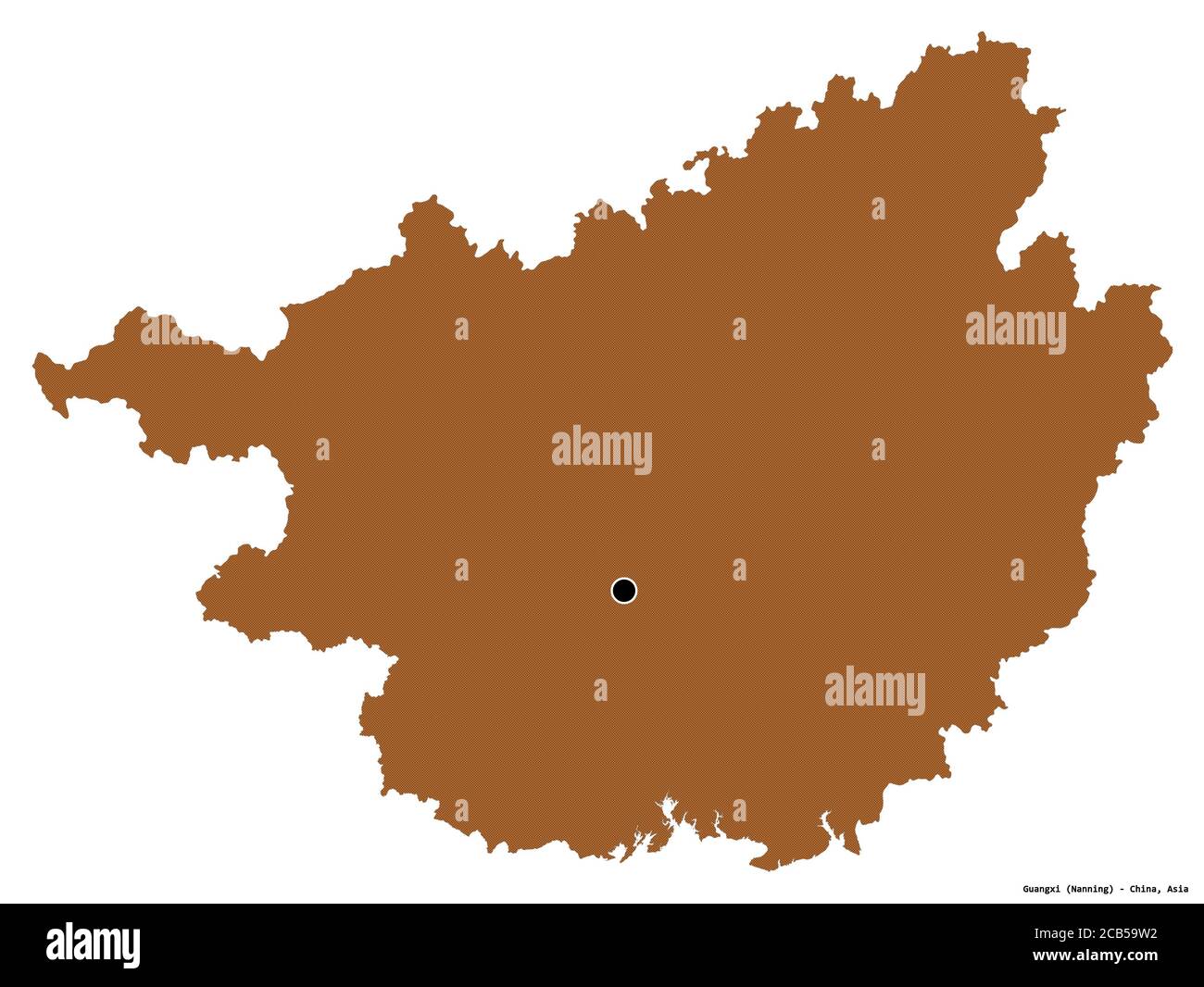 Form von Guangxi, autonome Region von China, mit seiner Hauptstadt isoliert auf weißem Hintergrund. Komposition von gemusterten Texturen. 3D-Rendering Stockfoto