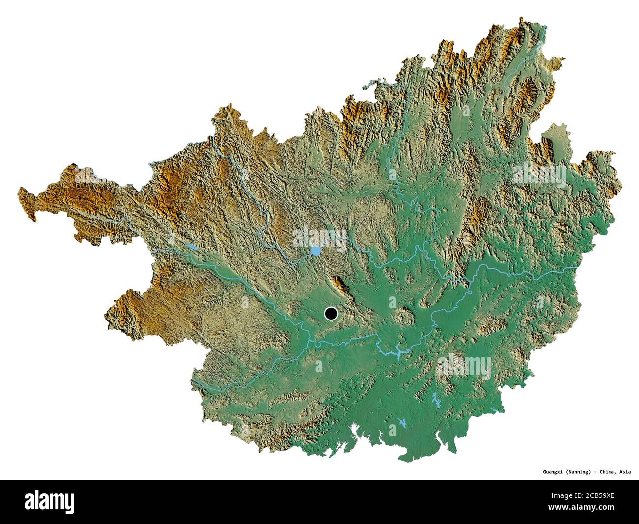 Form von Guangxi, autonome Region von China, mit seiner Hauptstadt isoliert auf weißem Hintergrund. Topografische Reliefkarte. 3D-Rendering Stockfoto