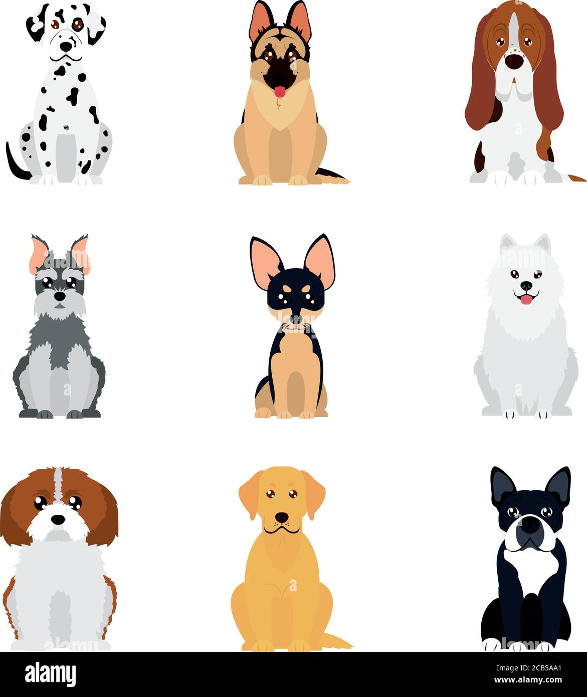 Cartoon dalmatinischen Hund und Hunde Symbol auf weißem Hintergrund, flachen Stil, Vektor-Illustration gesetzt Stock Vektor