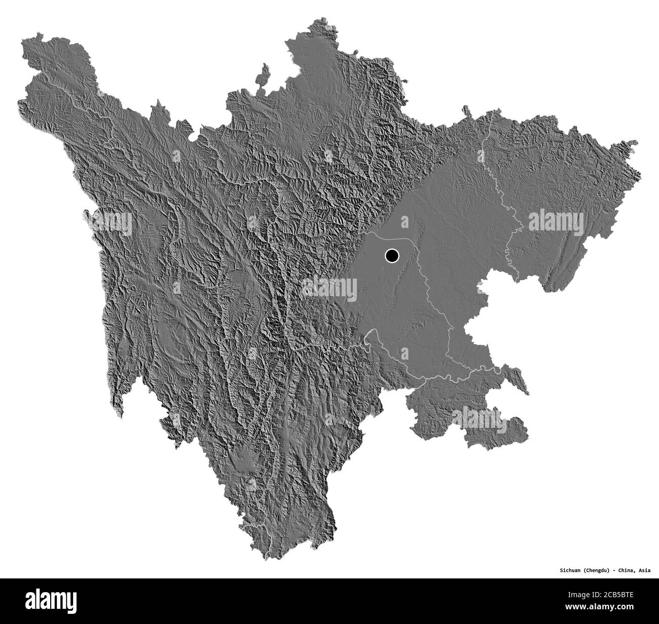 Form von Sichuan, Provinz China, mit seiner Hauptstadt isoliert auf weißem Hintergrund. Höhenkarte mit zwei Ebenen. 3D-Rendering Stockfoto
