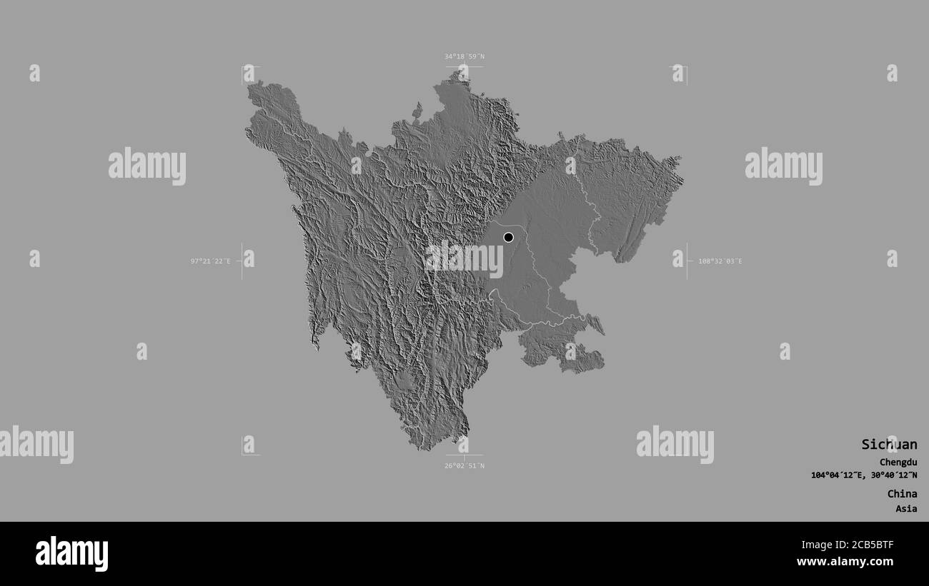 Gebiet von Sichuan, Provinz China, isoliert auf einem soliden Hintergrund in einem georeferenzierten Begrenzungsrahmen. Beschriftungen. Höhenkarte mit zwei Ebenen. 3D-Rendering Stockfoto