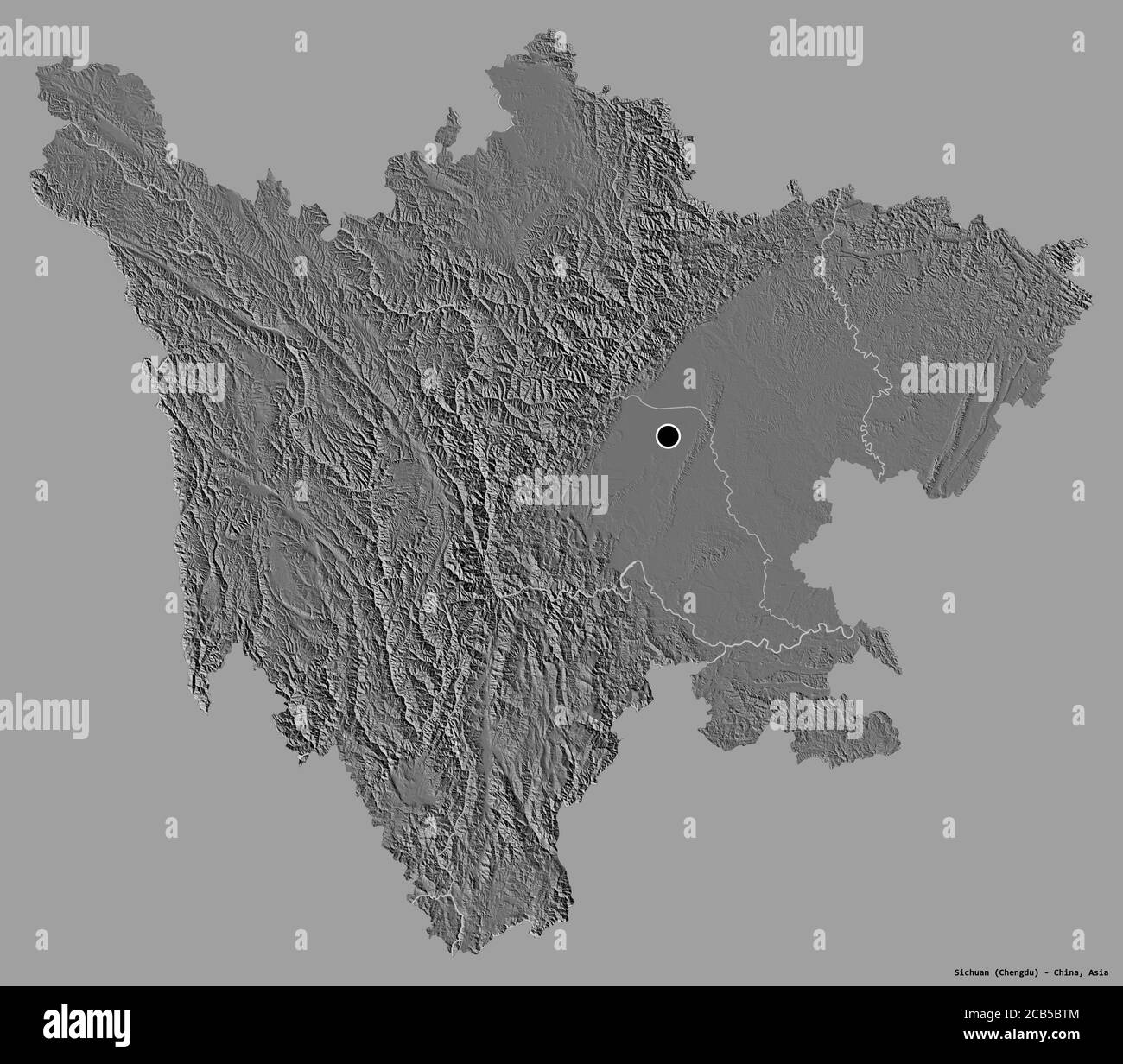 Form von Sichuan, Provinz China, mit seiner Hauptstadt isoliert auf einem einfarbigen Hintergrund. Höhenkarte mit zwei Ebenen. 3D-Rendering Stockfoto