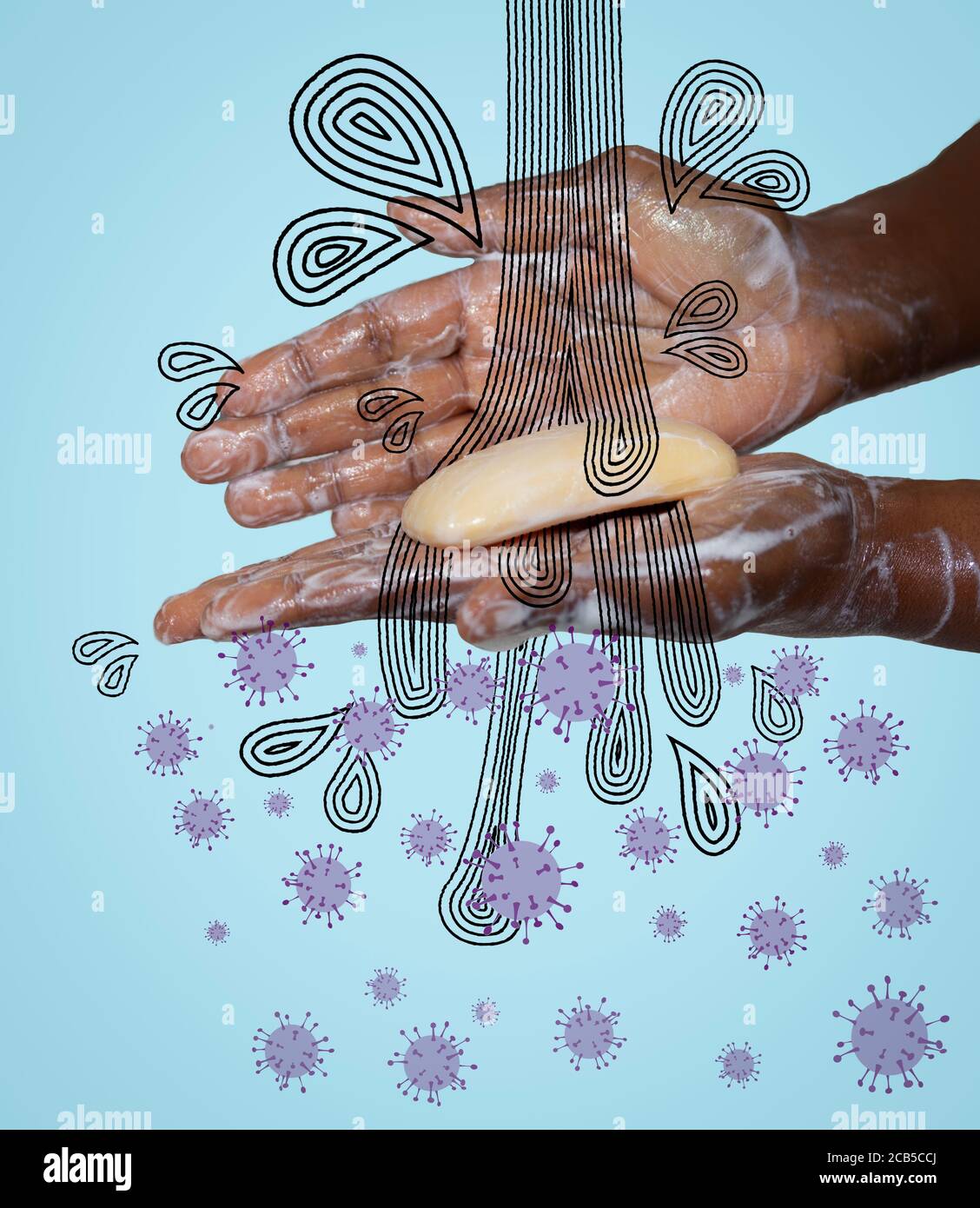 Konzeptbild einer afrikanisch-australischen Frau, die sich mit Seife die Hände wascht, mit stilisiertem Wasser und Virus, covid 19 coronavirus pandem Stockfoto