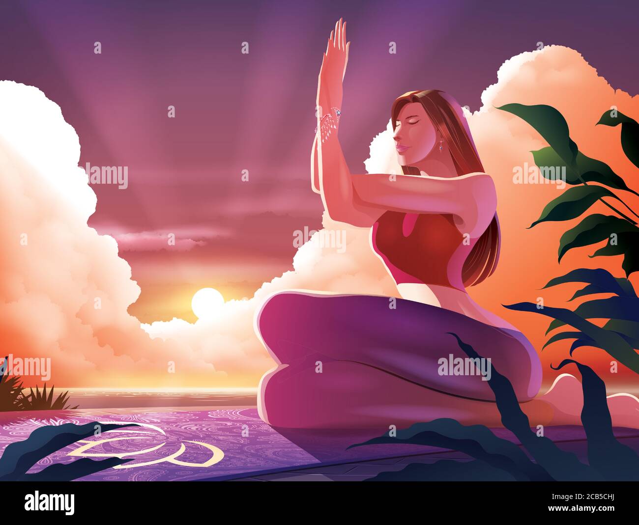 Vektor-Illustration einer schönen Dame, die Yoga in garudasana macht Pose oder der Adler Pose an der Küste mit dem sonnenaufgang am Morgen Stock Vektor