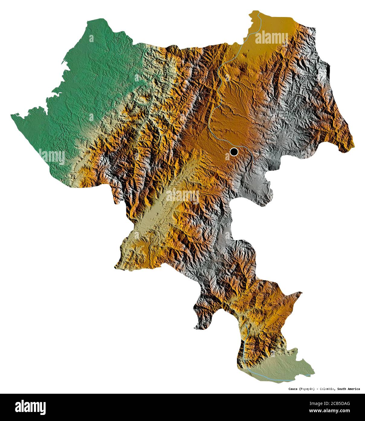 Form von Cauca, Abteilung von Kolumbien, mit seiner Hauptstadt isoliert auf weißem Hintergrund. Topografische Reliefkarte. 3D-Rendering Stockfoto