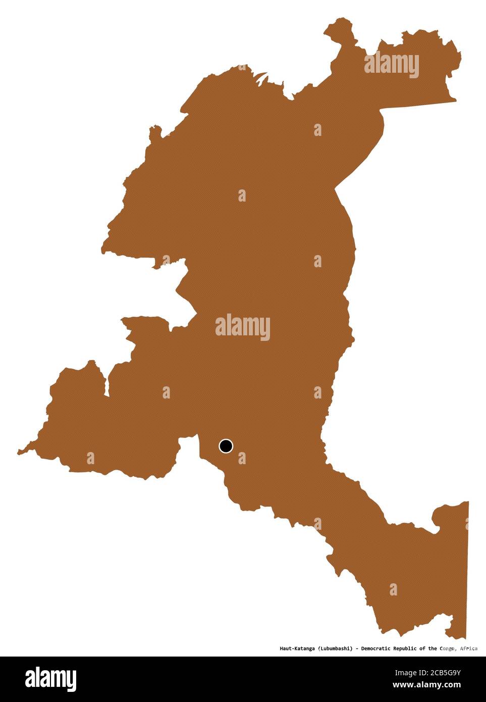 Form von Haut-Katanga, Provinz der Demokratischen Republik Kongo, mit seiner Hauptstadt isoliert auf weißem Hintergrund. Komposition von gemusterten Texturen. Stockfoto