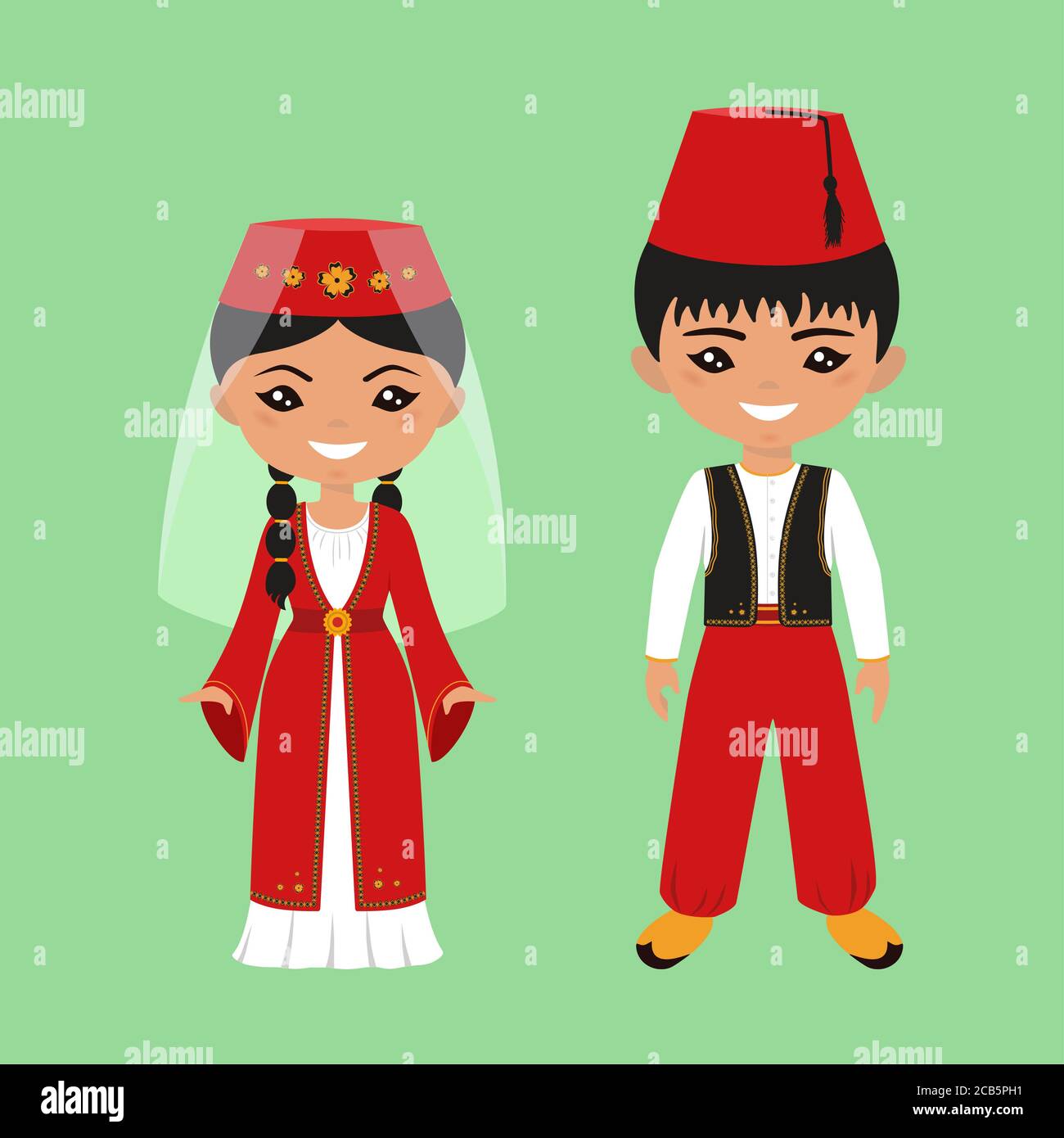 Niedliche Chibi-Charaktere in türkischer Nationaltracht. Flacher Cartoon-Stil Stockfoto