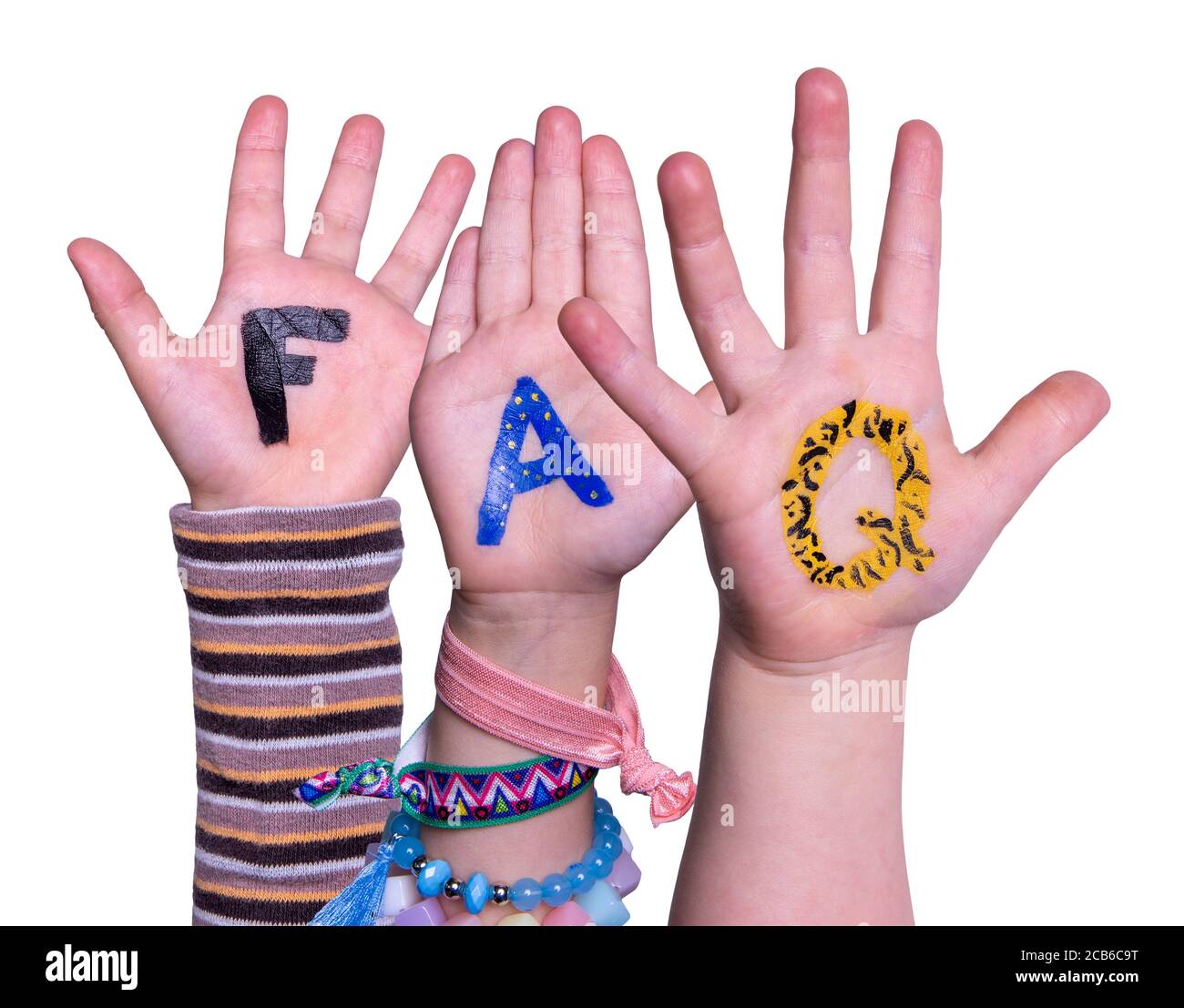 Kinder Hände Gebäude Wort FAQ, isolierte Hintergrund Stockfoto