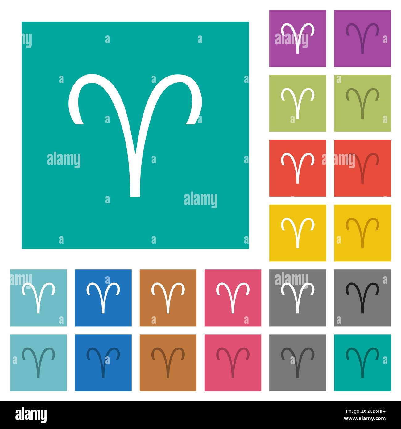 Widder Tierkreis Symbol mehrfarbige flache Symbole auf einfachen quadratischen Hintergründen. Weiße und dunklere Symbolvarianten für schwebe- oder aktive Effekte. Stock Vektor