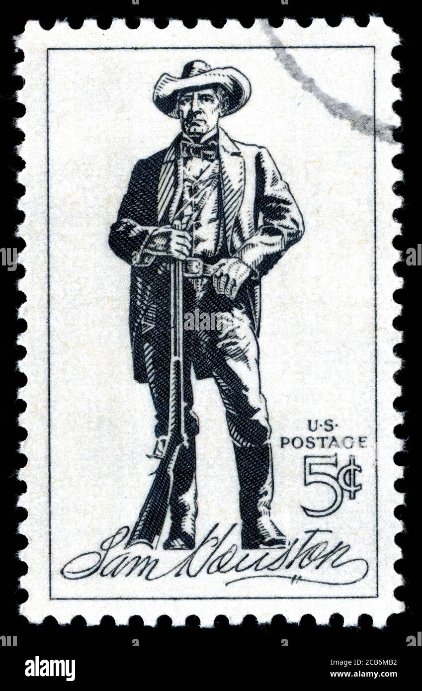 London, UK, Februar 19 2018 - Jahrgang 1964 USA abgesagt Briefmarke zeigt eine Lithographie von Sam Houston Briefmarke sammeln Stock Foto Stockfoto
