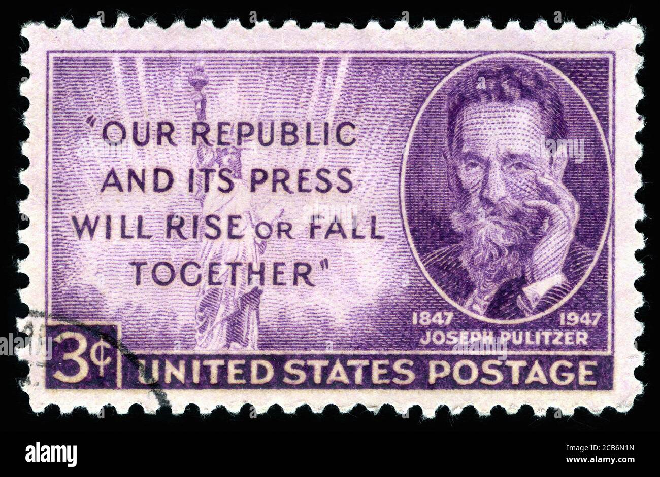 London, UK, Februar 19 2018 - Jahrgang 1947 USA abgesagte Briefmarke Our republic und seine Presse werden zusammen mit einem Porträt von Jos steigen oder fallen Stockfoto