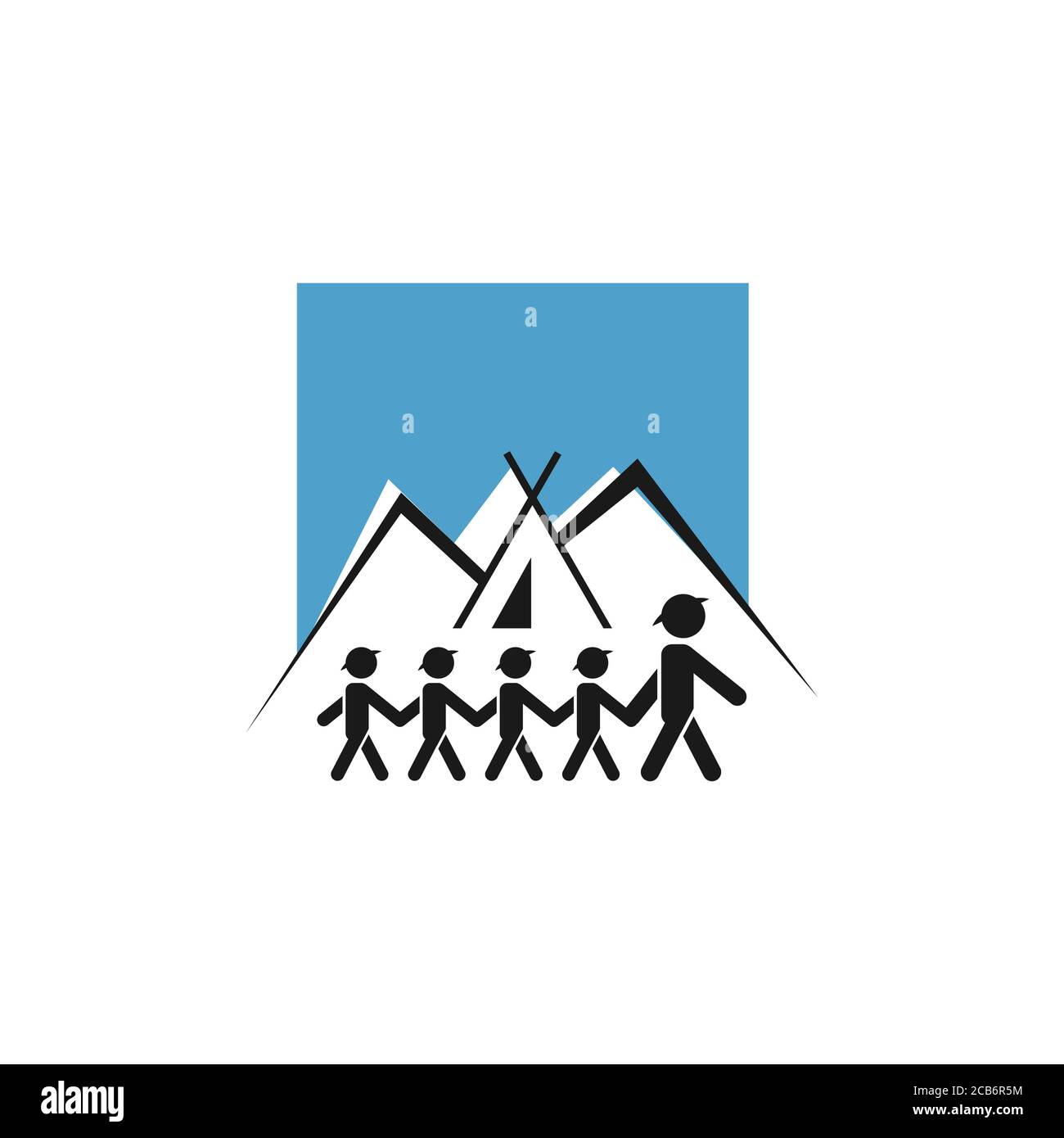 Junge Scout Logo Vektor Illustration. Young Boy und Girls Scout und Trainer beim Camping in der Berg-Design-Vorlage isoliert auf weißem Hintergrund Stock Vektor
