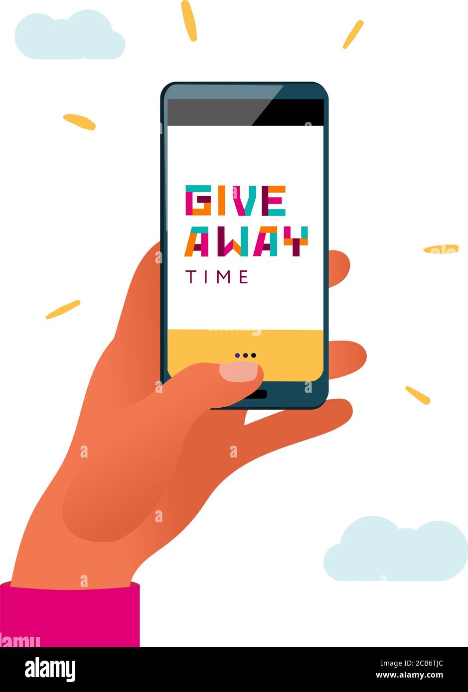 Hand halten Telefon mit einem Give-away-Typ auf einem Bildschirm. Stock Vektor