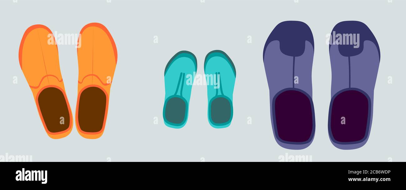 Drei Paar Gummistiefel. Orangene Damen, blaue Kinder, lila Herren. Ansicht von oben. Flacher Stil Stock Vektor