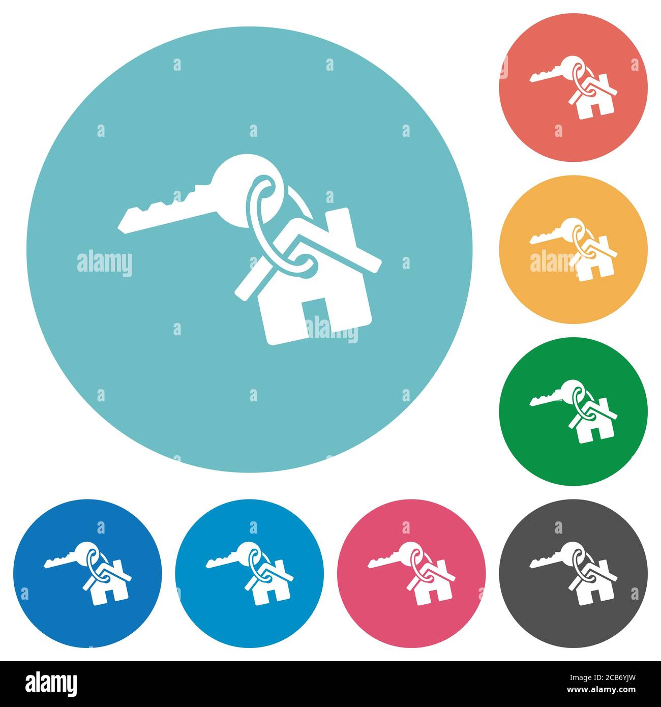 Schlüssel und Haus auf Schlüsselanhänger flache weiße Symbole auf Runde Farbiger Hintergrund Stock Vektor