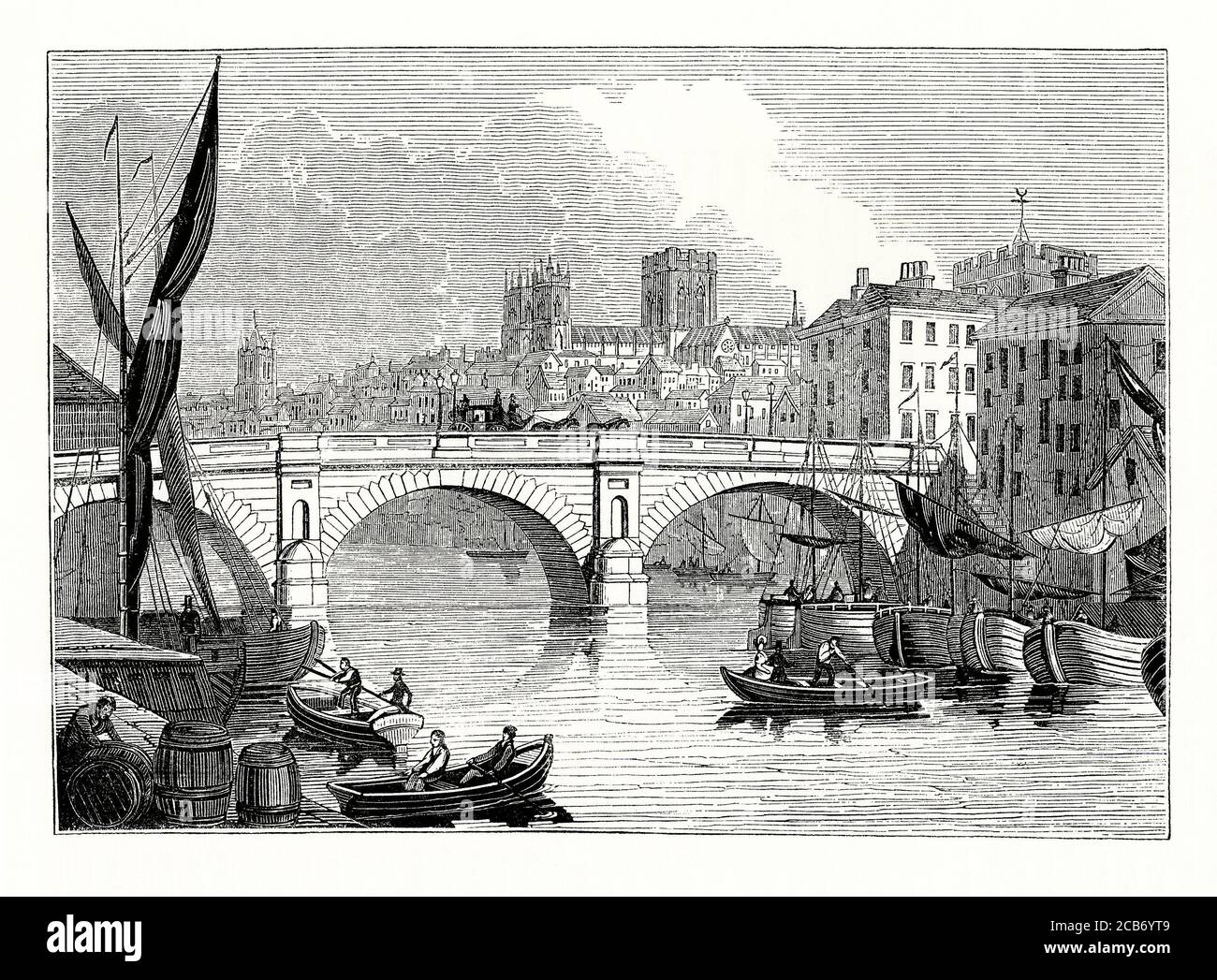 Eine alte Gravur von geschäftigen Fluss Verkehr auf dem Fluss Ouse, York, North Yorkshire, England, Großbritannien in der viktorianischen Zeit. Die Stadt ist bekannt für ihre berühmten historischen Wahrzeichen wie York Minster (hier im Hintergrund) und die Stadtmauern. Im Mittelalter wuchs York als ein wichtiges Handelszentrum für Wolle. Im 18. Und 19. Jahrhundert gab es einen beträchtlichen Handelsverkehr auf dem Fluss, hauptsächlich aus dem stromabwärts gelegenen Selby. Die Ouse-Brücke war der wichtigste Flussübergang. Es wurden mehrere Versionen gebaut. Die Brücke hier ist die Neue Ouse-Brücke, entworfen von Peter Atkinson dem Jüngeren, im Jahr 1821 fertiggestellt. Stockfoto