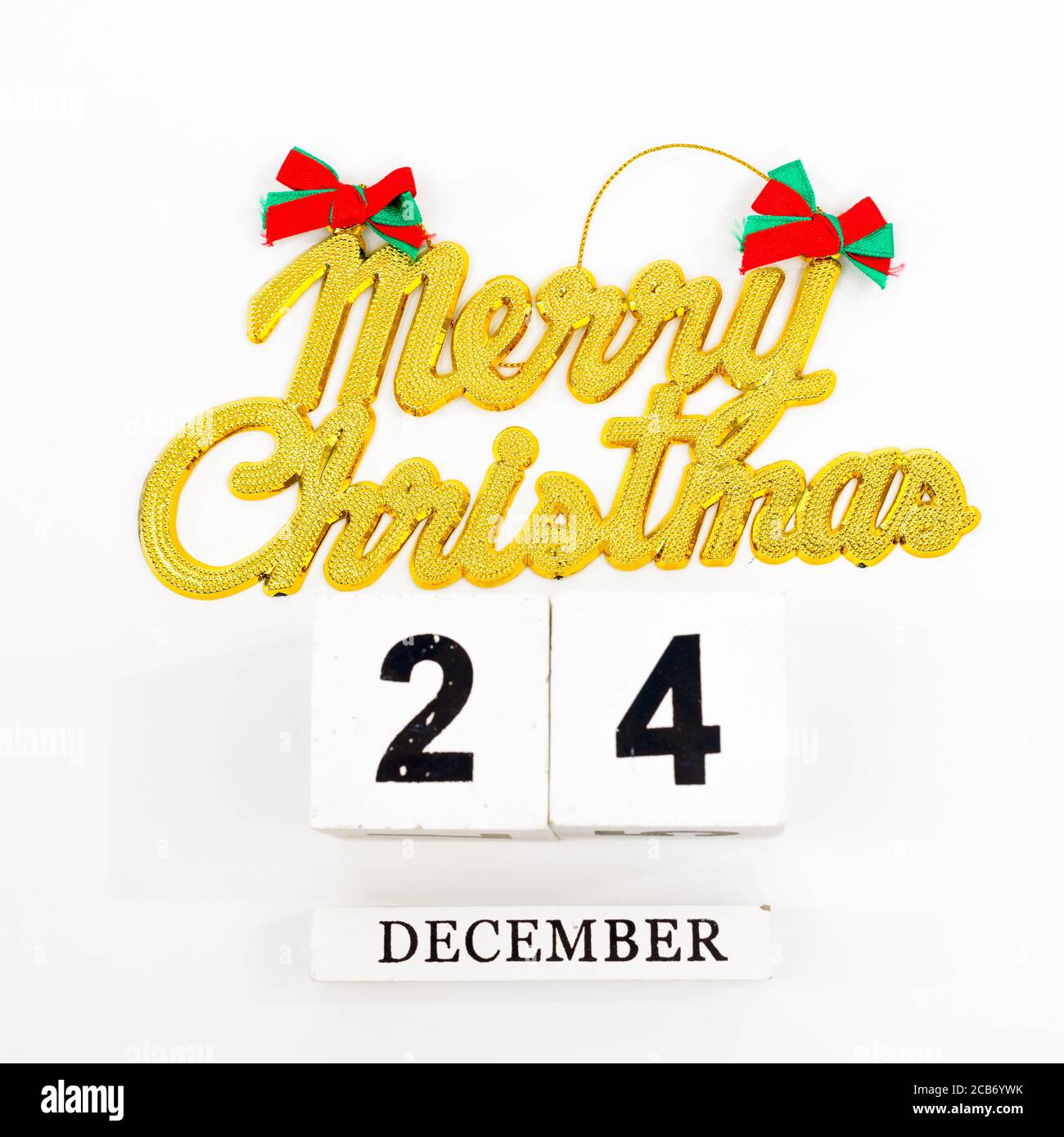 Frohe Weihnachten 24 Dezember Dekoration Text auf weißem Hintergrund Stockfoto