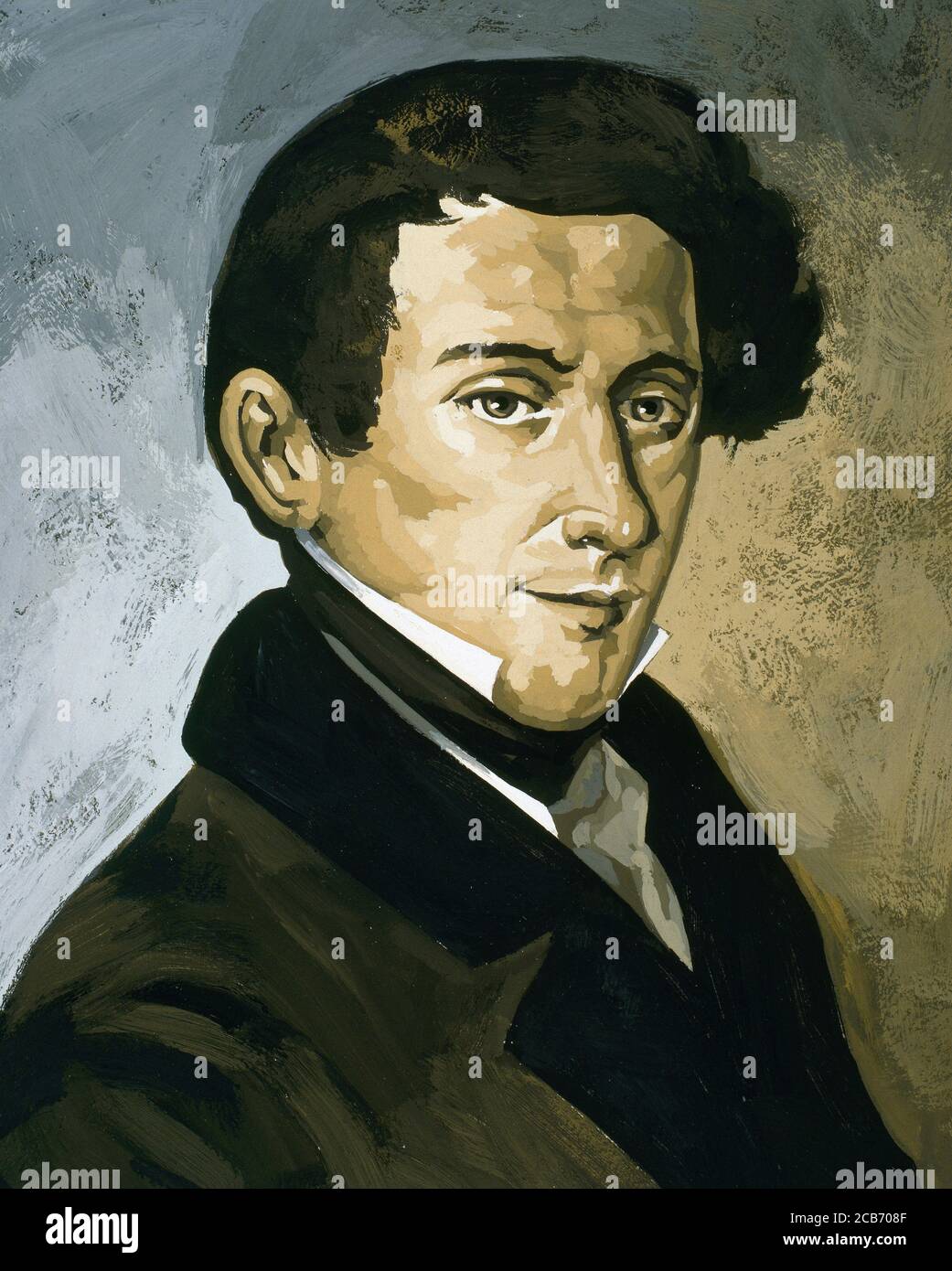 Leonardo Alenza y Nieto (1807-1845). Spanischer Maler und Kupferstecher im romantischen Stil, verbunden mit der Costumbrista-Bewegung. Hochformat. Aquarellmalerei des spanischen Illustrators Francisco Fonollosa (Ende des 20. Jahrhunderts). Stockfoto